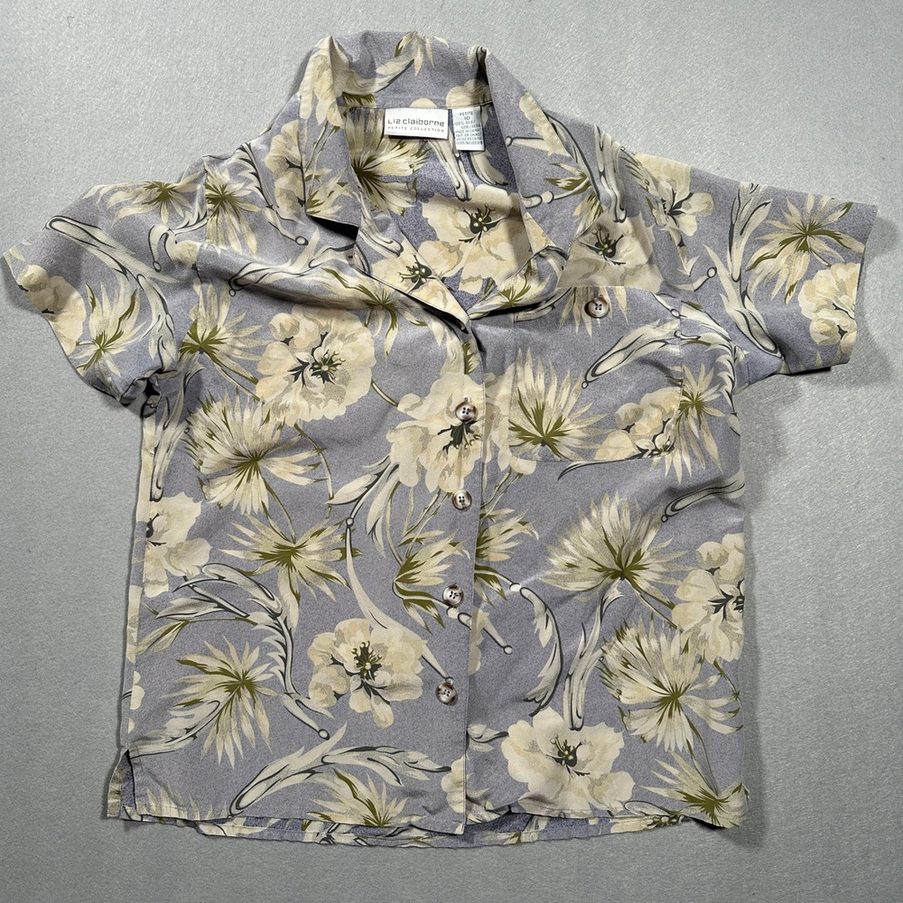 Liz Claiborne 100% Silk Floral Blouse Womens Petite 10 Button Front Vintage Top‎